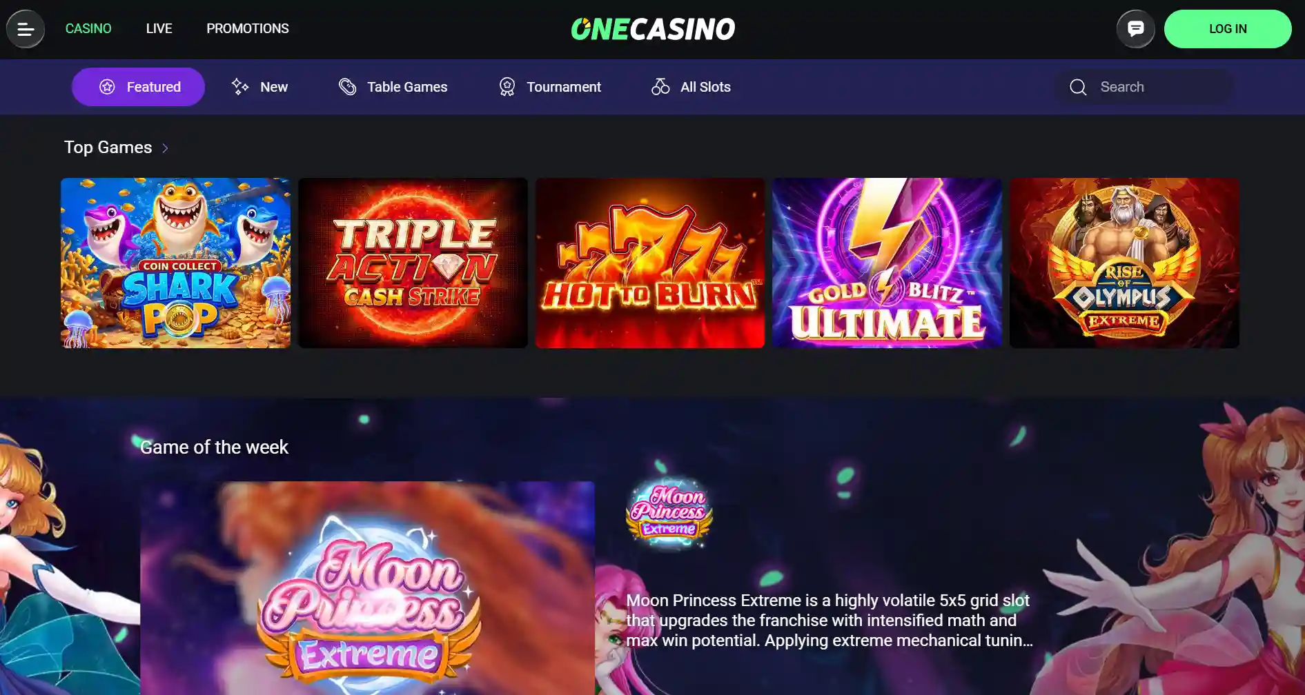 Screenshot of the official OneCasino homepage with navigation to casino and live games