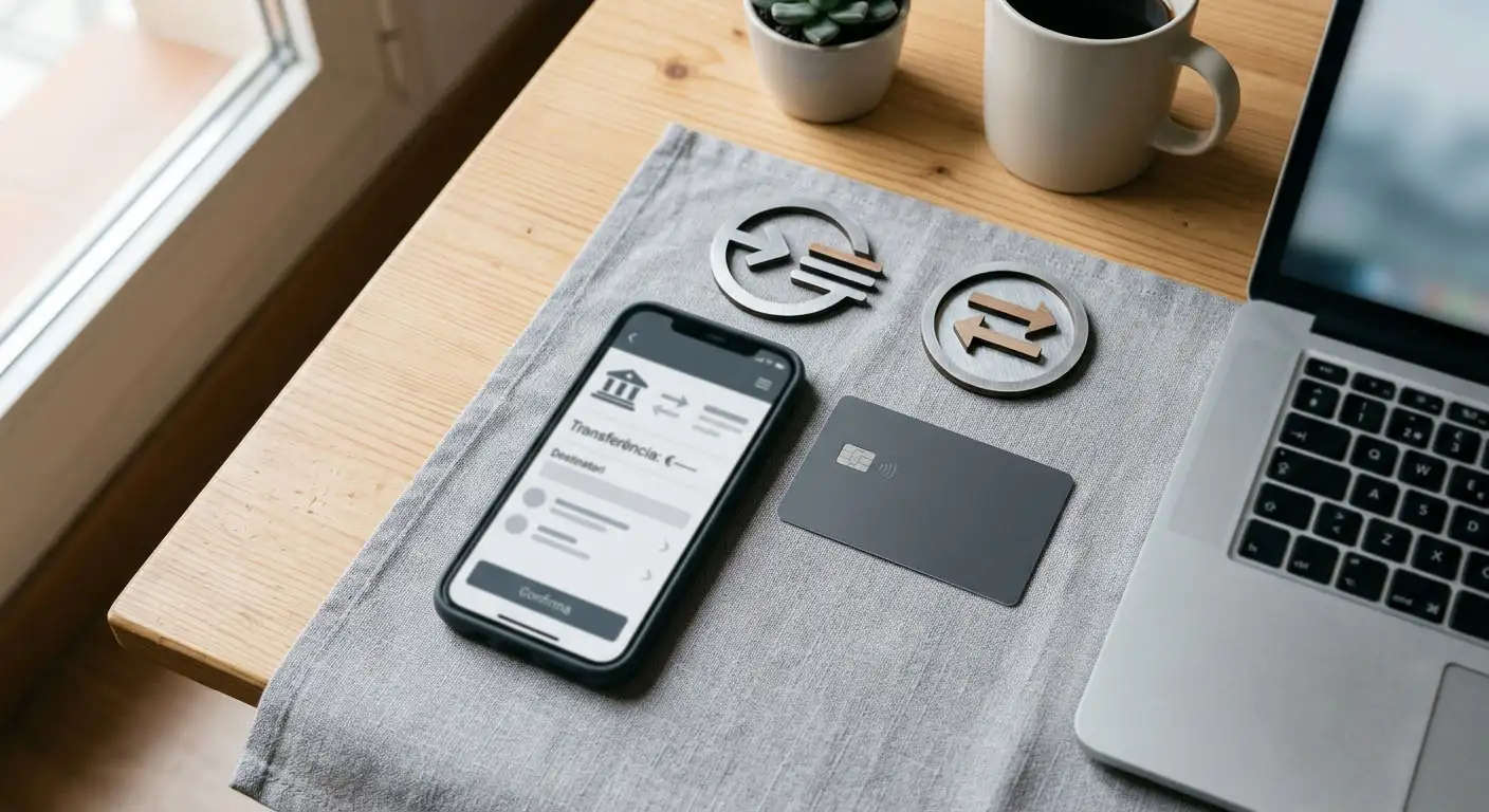 Phone beside a bank card and generic digital wallet symbols on a clean desk